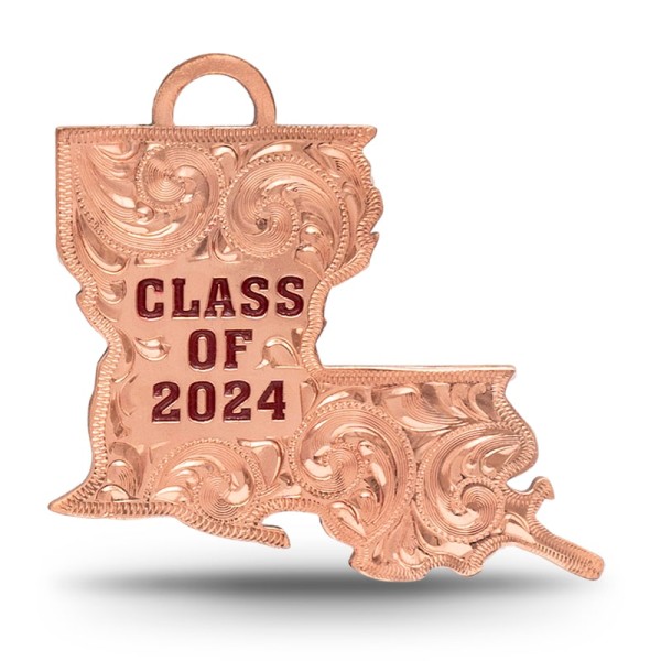 A custom silver tassel charm for 2024 graduates, designed for memorial caps, featuring a Louisiana State Shape